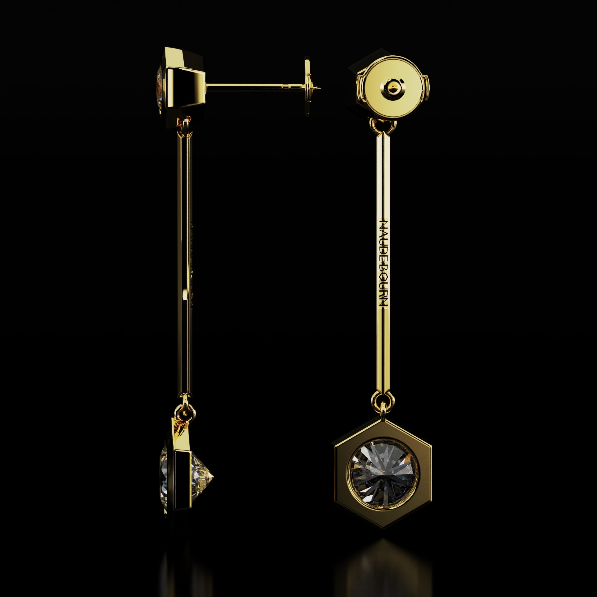 18 Karat Yellow Gold Hexagon Diamond Dangle Earrings – Animus