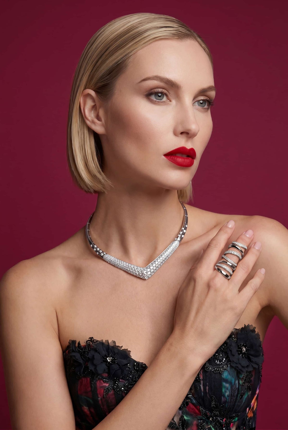 18k white gold pave diamond V-shape choker necklace and multi-layer gold cocktail ring women – The Naude Bourn