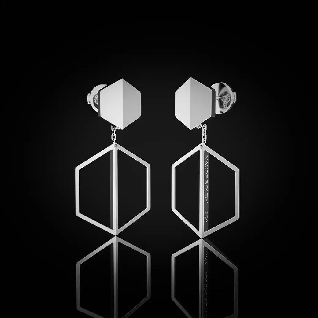 18k White Gold Earring Set featuring ILLUMINATE YOU Dangles and KNOW YOU Studs by Naude Bourn—luxurious designs that embody bold self-expression and timeless elegance.