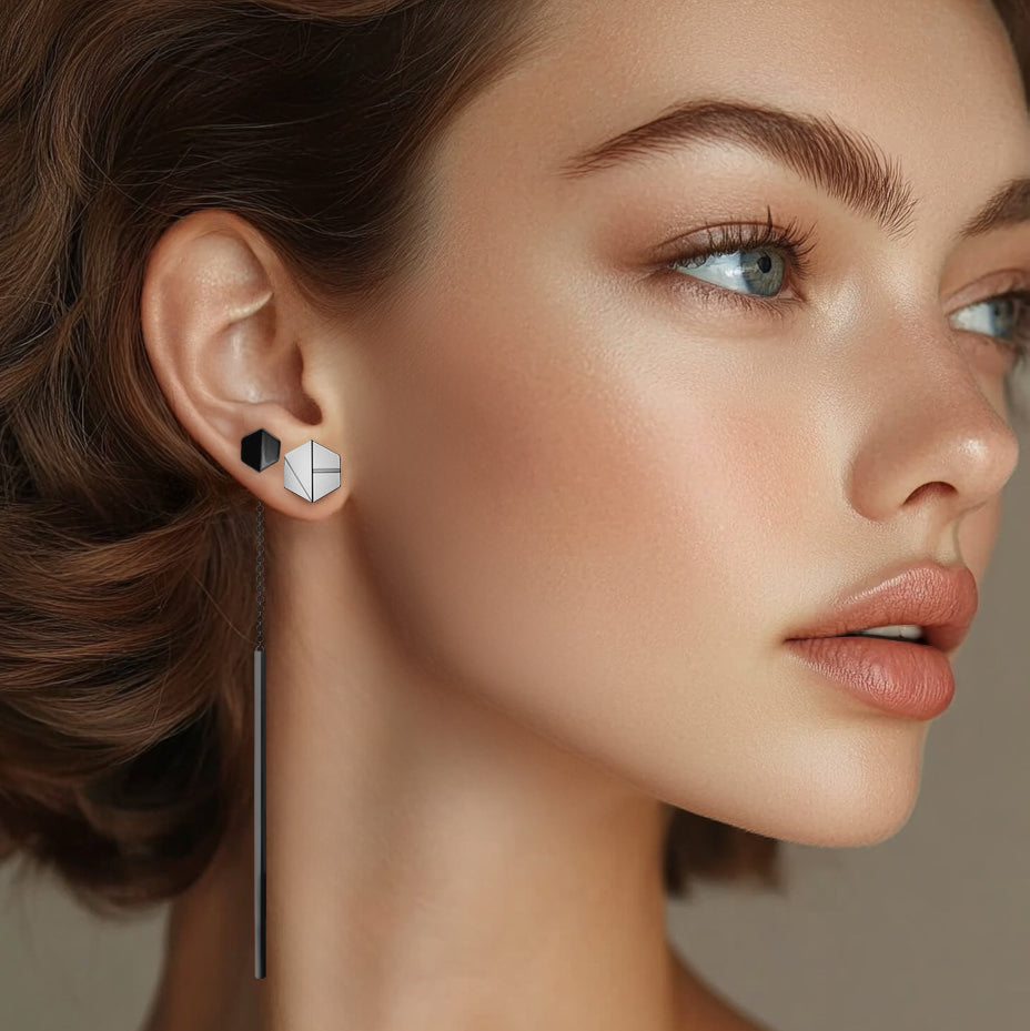 Empower You 18k Black Gold Threader Earring Stack paired with White Gold Hear You Stud by Naude Bourn Jewelry, Elegant Jewelry for Personal Empowerment.