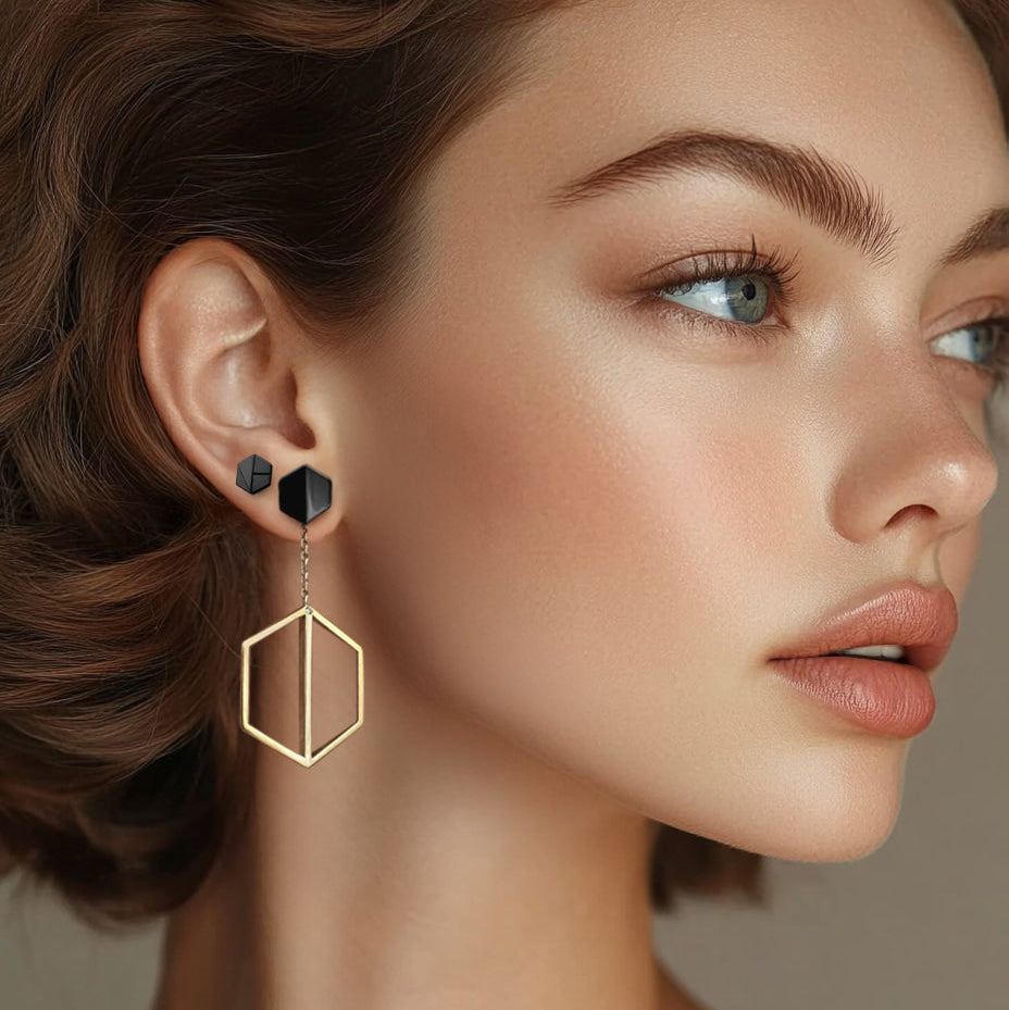 Hear You 18K Black Gold Mini Stud Earrings Paired with Know You Stud & Illuminate You Dangle, Ethically handcrafted, made to order luxury jewelry designed for bold self-expression and transformation.