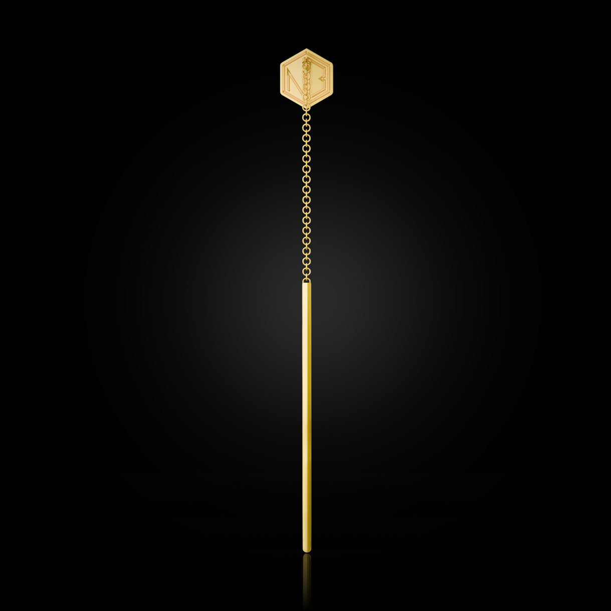 Empower You Single Threader Earrings in Bravura Yellow Gold – back view of 750 gold design, a stylist favourite for statement layering by Naude Bourn. Sustainable gold jewelry, ethical jewelry, handcrafted artisan jewelry, fine jewelry, high-end jewelry, and ethical luxury. A bold piece from sustainable jewelry brands and a unique jewelry gift in yellow gold.