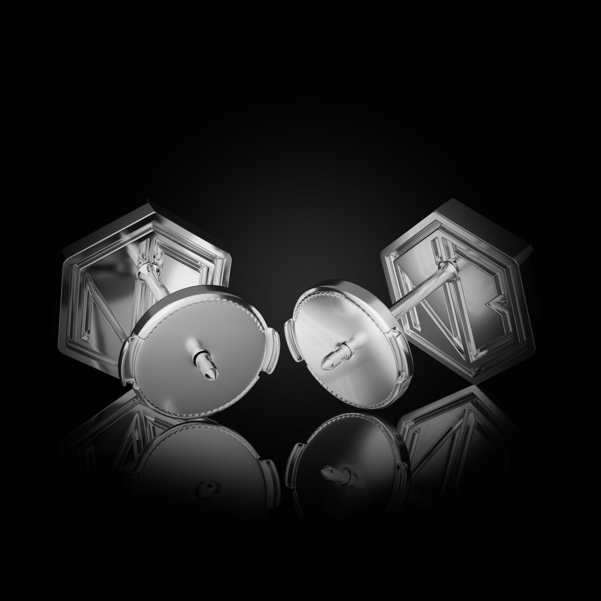 Hear You Medium Studs in Surge White Gold – La Pousette backs shown, 750 gold earrings for seers of the unseen, made with intention by Naude Bourn. Sustainable gold jewelry, ethical jewelry, handcrafted artisan jewelry, fine jewelry, high-end jewelry, and ethical luxury. A refined design from sustainable jewelry brands and a unique jewelry gift in white gold.