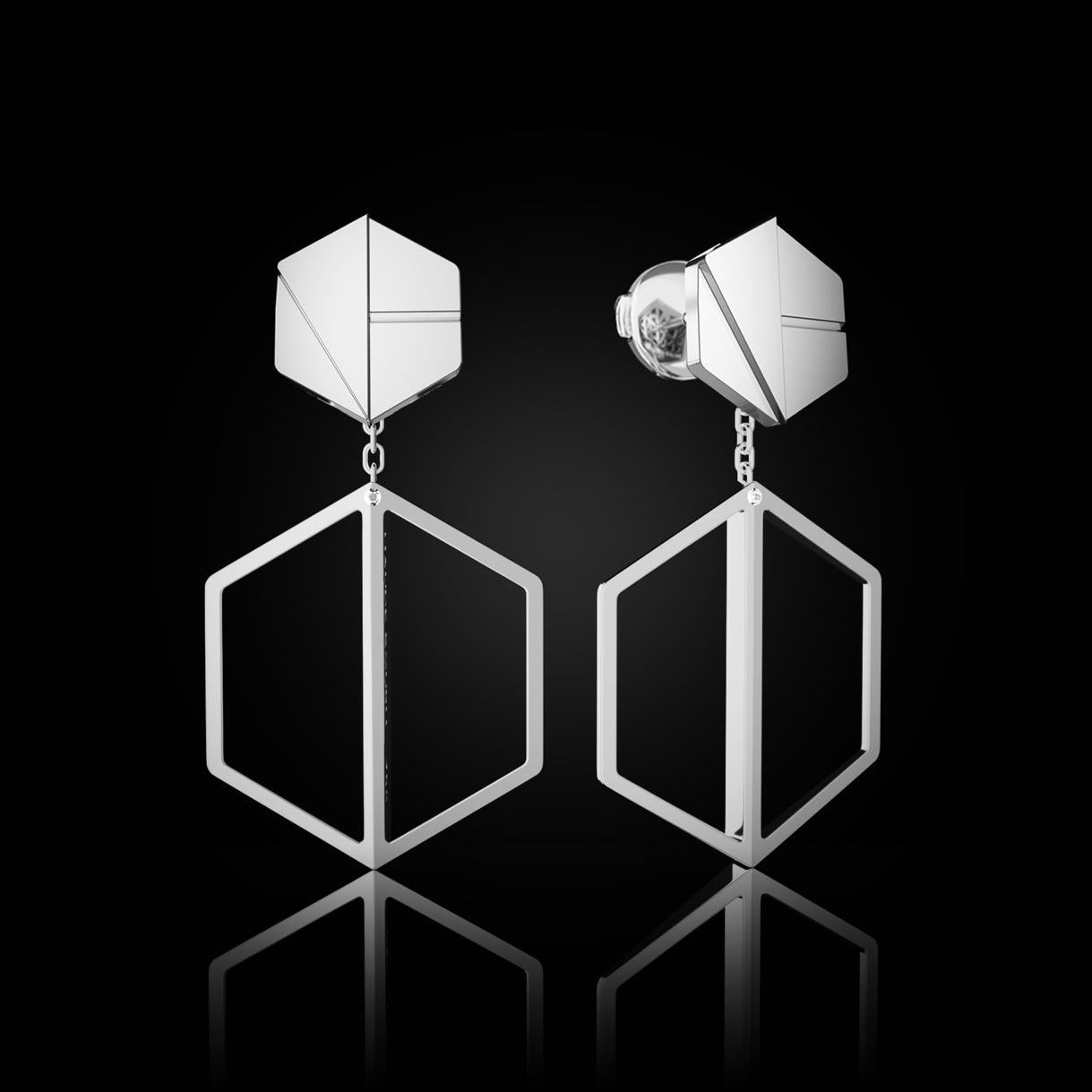 Hear You Studs with Short Illuminate You Danglers in Surge White Gold – customizable earring set embodying empowered presence by Naude Bourn. Sustainable gold jewelry, ethical jewelry, handcrafted artisan jewelry, fine jewelry, high-end jewelry, and ethical luxury. A bold and customizable design from sustainable jewelry brands and a unique jewelry gift in white gold.