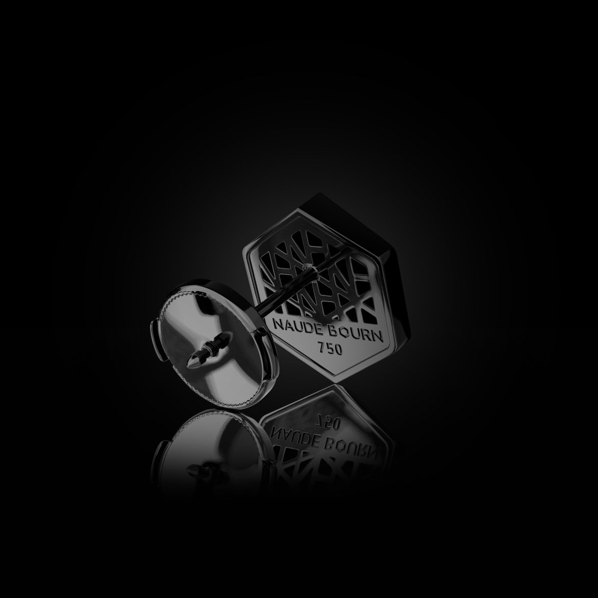 Back view of Know You Medium Stud in Stealth Black Gold. Bold 18k earring with La Pousette back from the Emergence Collection—crafted to anchor presence. Sustainable gold jewelry, ethical jewelry, handcrafted artisan jewelry, fine jewelry, high-end jewelry, and ethical luxury. A powerful piece from sustainable jewelry brands and a unique jewelry gift in black gold.