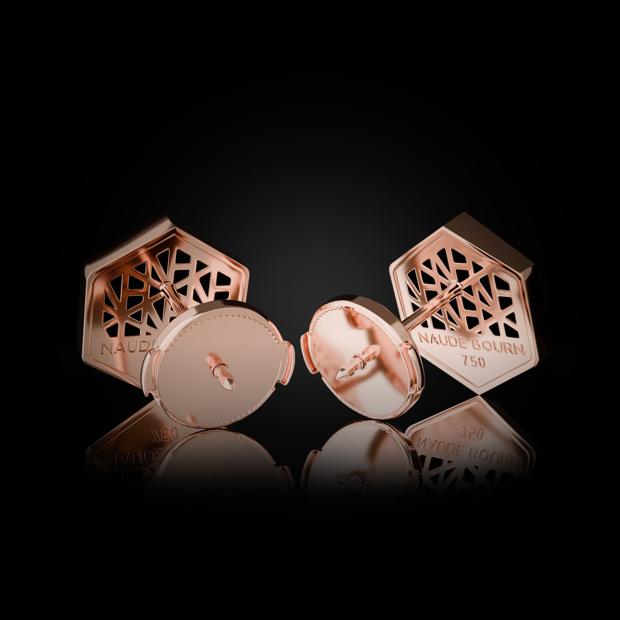 Back view of Know You Medium Studs in Rebel Rose Gold with La Pousette backs. Elegant 18k gold pair—versatile for gifting, workwear, or special occasions. Sustainable gold jewelry, ethical jewelry, handcrafted artisan jewelry, fine jewelry, high-end jewelry, and ethical luxury. A timeless pair from sustainable jewelry brands and a unique jewelry gift in rose gold.