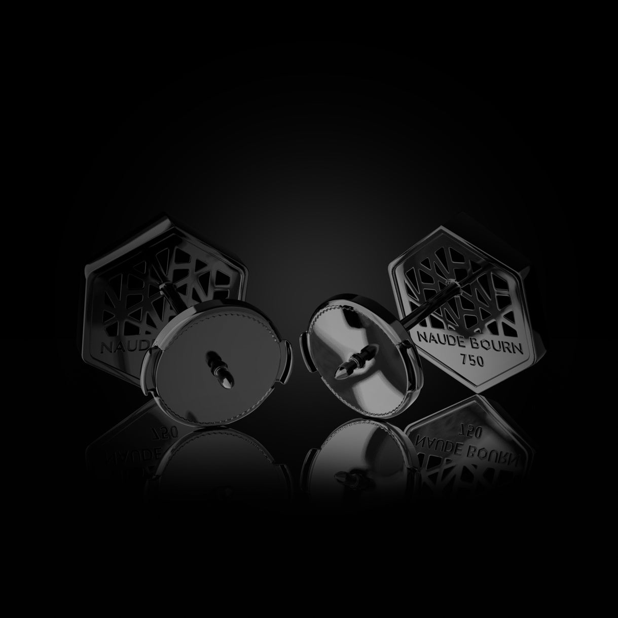 Back view of Know You Medium Studs in Stealth Black Gold with La Pousette backs. Sculptural 18k gold pair—ideal for statement minimalism or after-dark styling. Sustainable gold jewelry, ethical jewelry, handcrafted artisan jewelry, fine jewelry, high-end jewelry, and ethical luxury. A bold piece from sustainable jewelry brands and a unique jewelry gift in black gold.