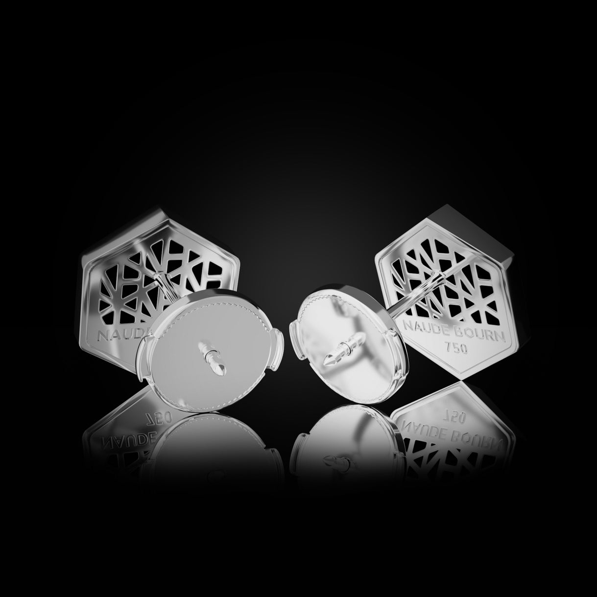 Back view of Know You Medium Studs in Surge White Gold with La Pousette backs. Sleek 18k earrings for minimalist luxury, perfect with sharp tailoring or silk. Sustainable gold jewelry, ethical jewelry, handcrafted artisan jewelry, fine jewelry, high-end jewelry, and ethical luxury. A refined pair from sustainable jewelry brands and a unique jewelry gift in white gold.