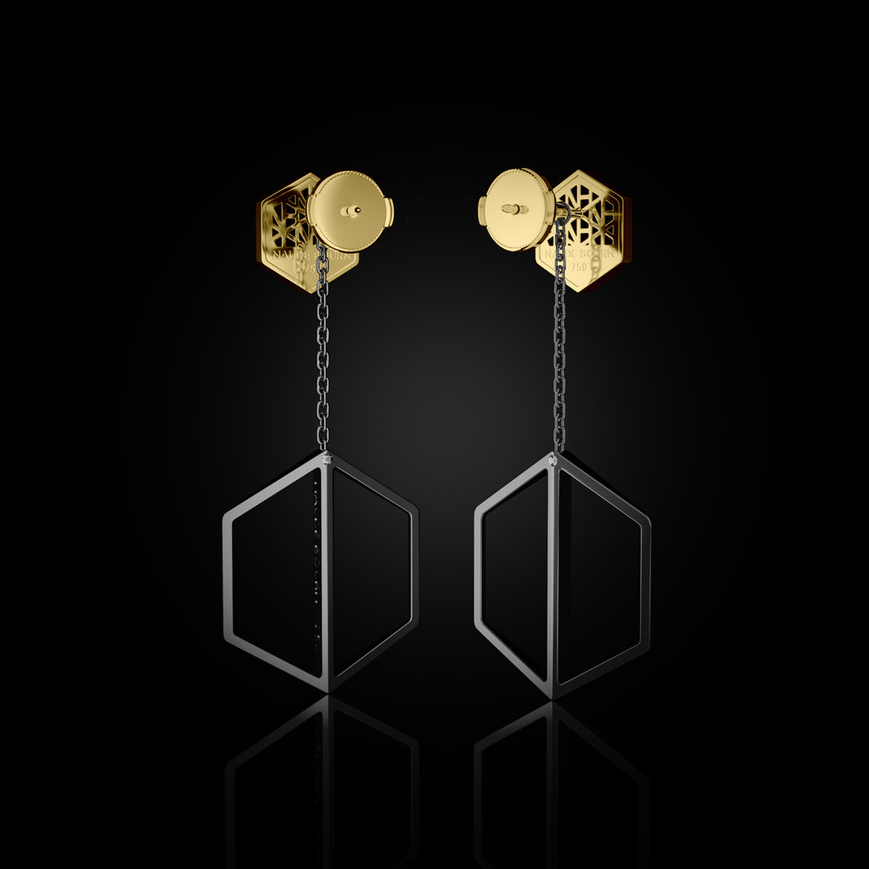 Back view of Know You Studs in Bravura Yellow Gold paired with Long Illuminate You Dangles in Stealth Black Gold. Mixed-metal 18k earrings—editorial-ready for fashion stylists, luxury campaigns, and bold red carpet styling. Sustainable gold jewelry, ethical jewelry, handcrafted artisan jewelry, fine jewelry, high-end jewelry, and ethical luxury. A striking combination from sustainable jewelry brands and a unique jewelry gift in yellow and black gold.