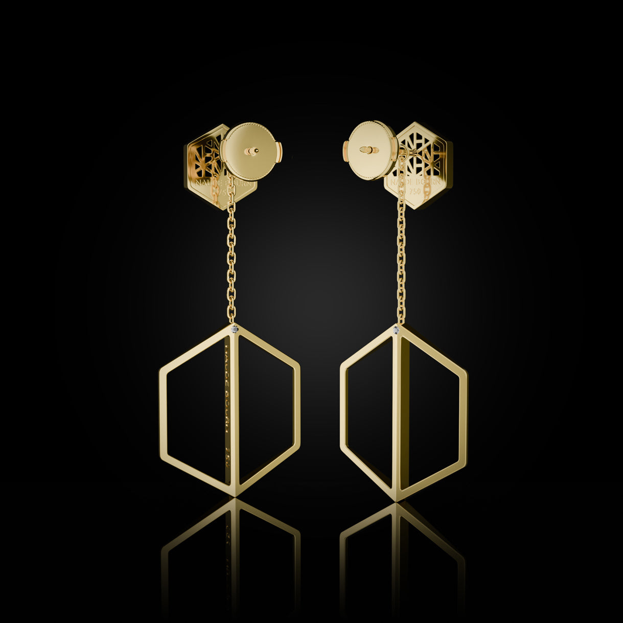 Back view of Know You Studs with Long Illuminate You Dangles in Bravura Yellow Gold. Statement 18k earrings—crafted for premieres, red carpet styling, and luxury editorial pull. Sustainable gold jewelry, ethical jewelry, handcrafted artisan jewelry, fine jewelry, high-end jewelry, and ethical luxury. A bold design from sustainable jewelry brands and a unique jewelry gift in yellow gold.