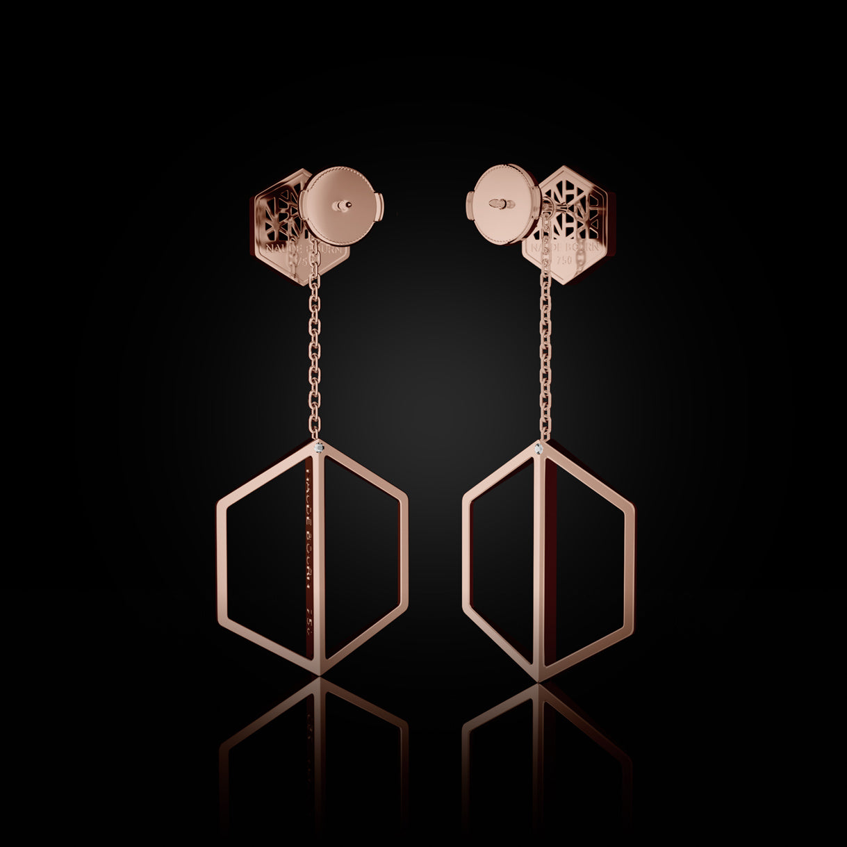 Back view of Know You Studs with Long Illuminate You Dangles in Rebel Rose Gold. Elegant 18k gold drop earrings—styled for celebrity press tours, couture fittings, and gala moments. Sustainable gold jewelry, ethical jewelry, handcrafted artisan jewelry, fine jewelry, high-end jewelry, and ethical luxury. A luxurious pairing from sustainable jewelry brands and a unique jewelry gift in rose gold.