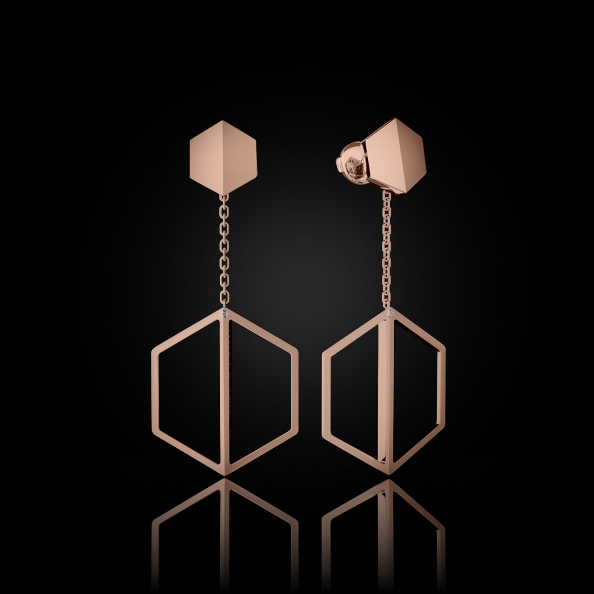Know You Studs with Long Illuminate You Dangles in Rebel Rose Gold. 18k earrings styled for premieres—pair with diamond studs or wear solo for impact. Sustainable gold jewelry, ethical jewelry, handcrafted artisan jewelry, fine jewelry, high-end jewelry, and ethical luxury. A bold design from sustainable jewelry brands and a unique jewelry gift in rose gold.
