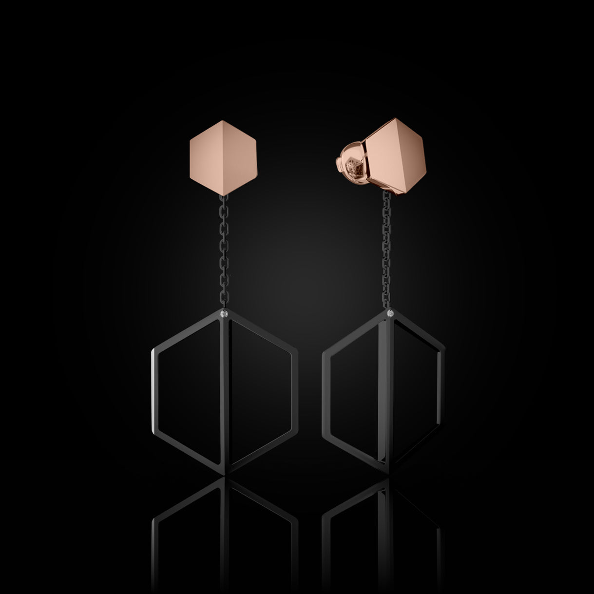 Know You Studs in Rebel Rose Gold with Long Illuminate You Dangles in Stealth Black Gold. Dual-tone 18k earrings—crafted for stylists curating contrast, premiere looks, or high-fashion red carpet edits. Sustainable gold jewelry, ethical jewelry, handcrafted artisan jewelry, fine jewelry, high-end jewelry, and ethical luxury. A striking design from sustainable jewelry brands and a unique jewelry gift in rose and black gold.