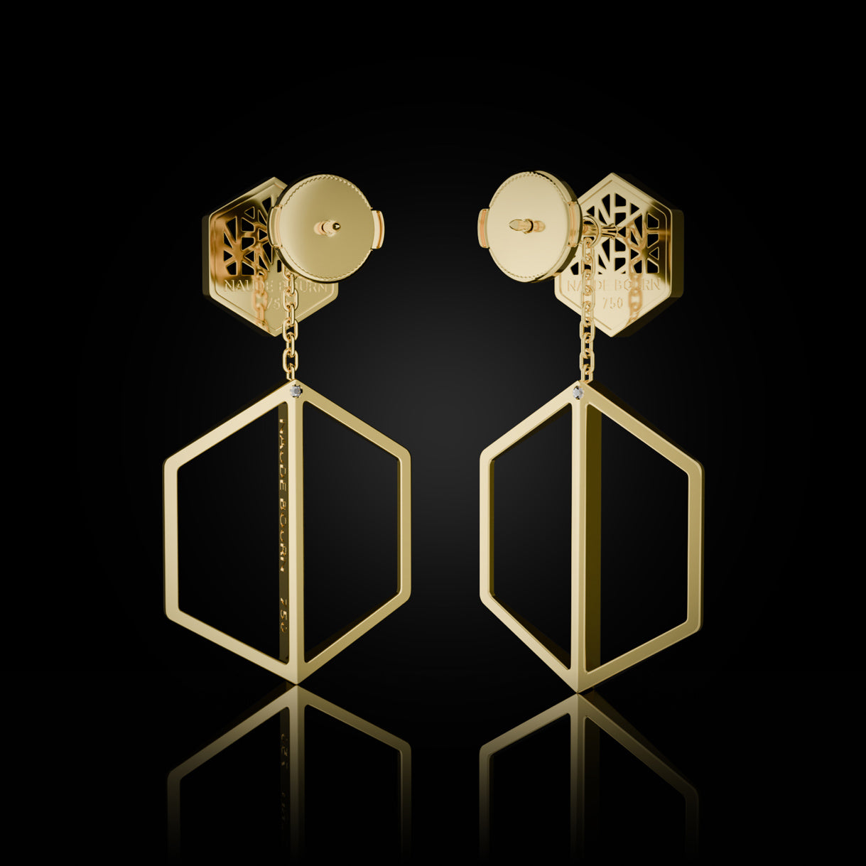 Back view of Know You Studs with Short Illuminate You Dangles in Bravura Yellow Gold. Red carpet-ready 18k earrings—styled for celebrity fittings, premieres, or editorial moments. Sustainable gold jewelry, ethical jewelry, handcrafted artisan jewelry, fine jewelry, high-end jewelry, and ethical luxury. A standout combination from sustainable jewelry brands and a unique jewelry gift in yellow gold.