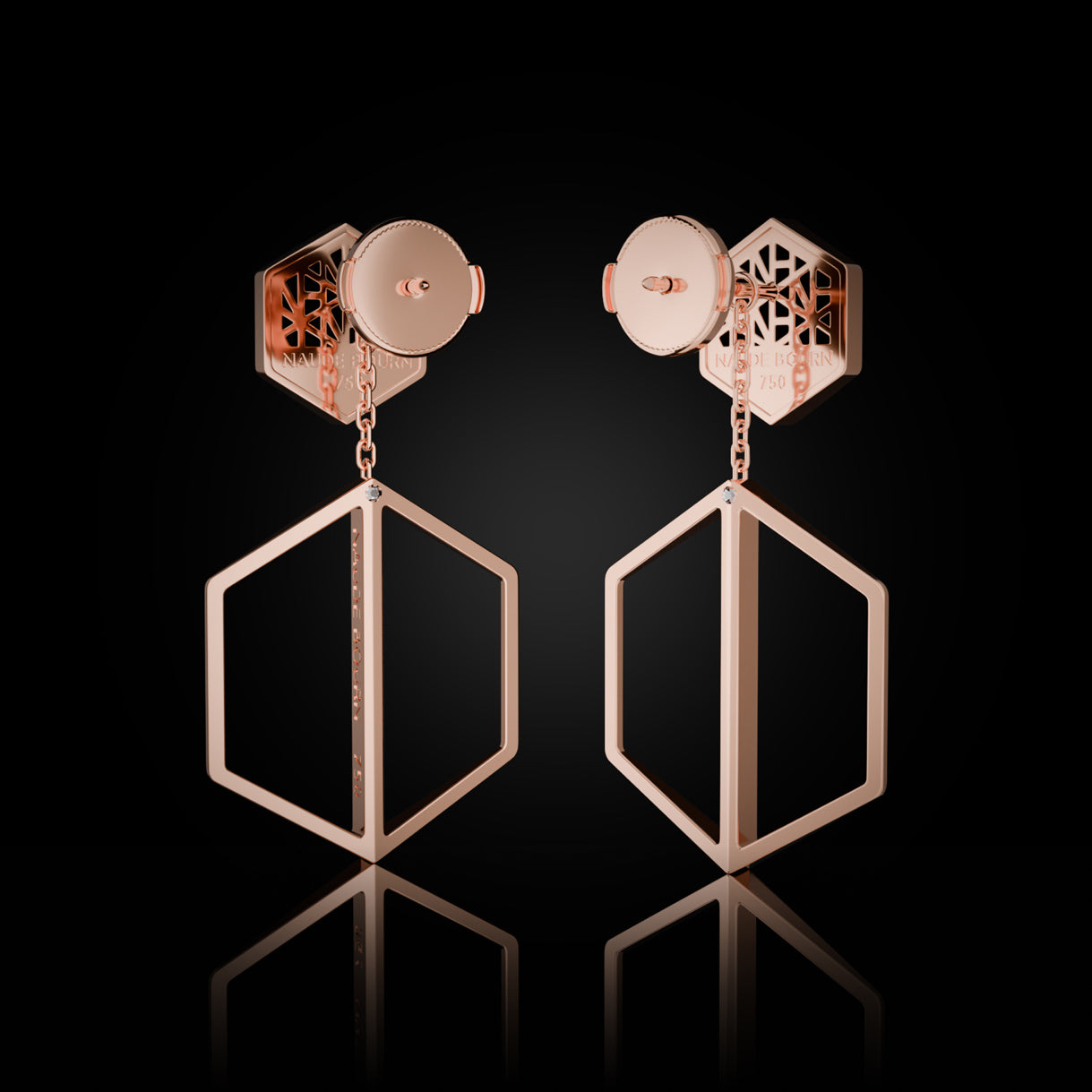 Know You Studs paired with Short Illuminate You Dangles in Rebel Rose Gold. Dual 18k design—elegant movement for evening or event styling. Sustainable gold jewelry, ethical jewelry, handcrafted artisan jewelry, fine jewelry, high-end jewelry, and ethical luxury. A dynamic piece from sustainable jewelry brands and a unique jewelry gift in rose gold.