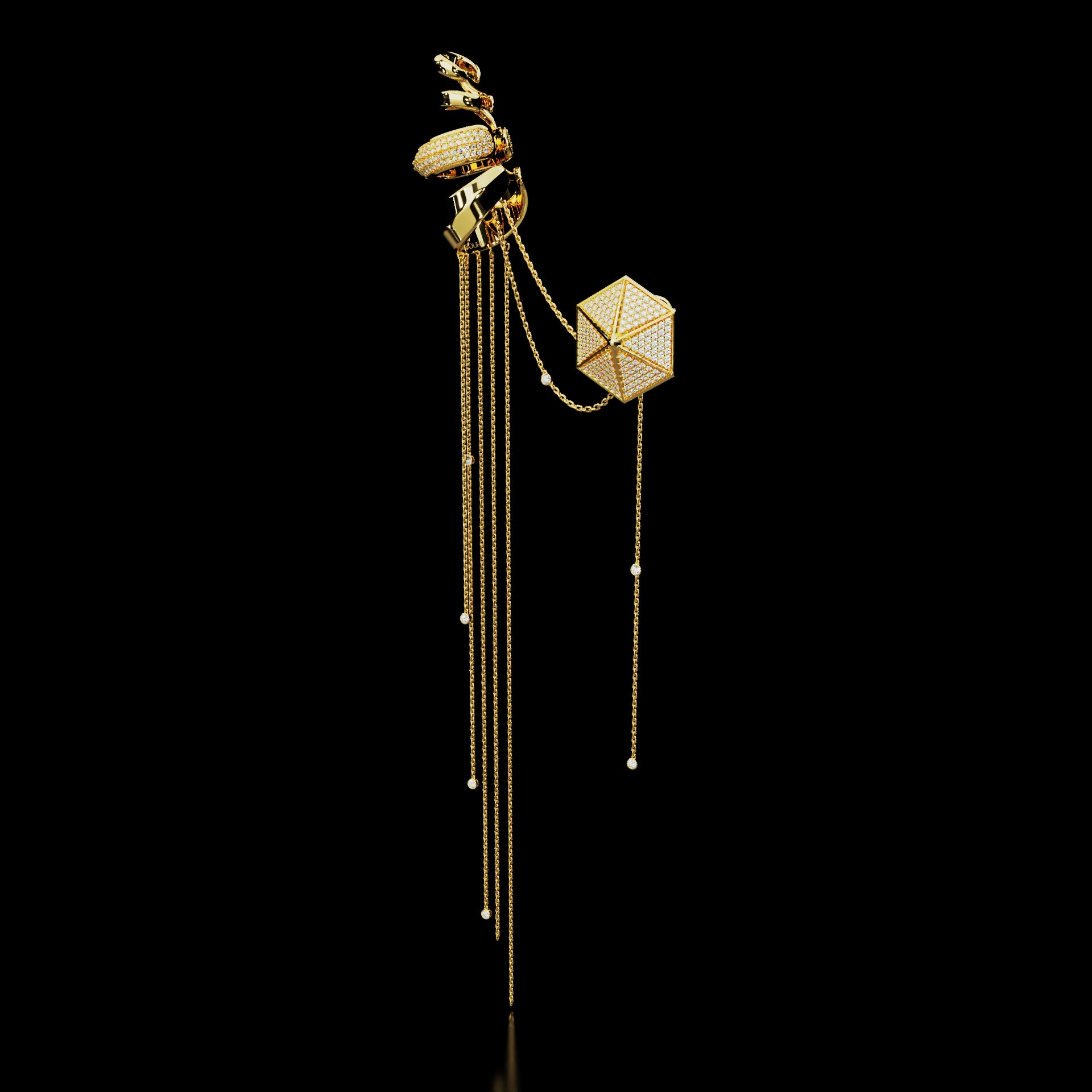 18 Karat Yellow Gold Pavé Diamond Ear Cuff with Chains – Upper Echelon Private