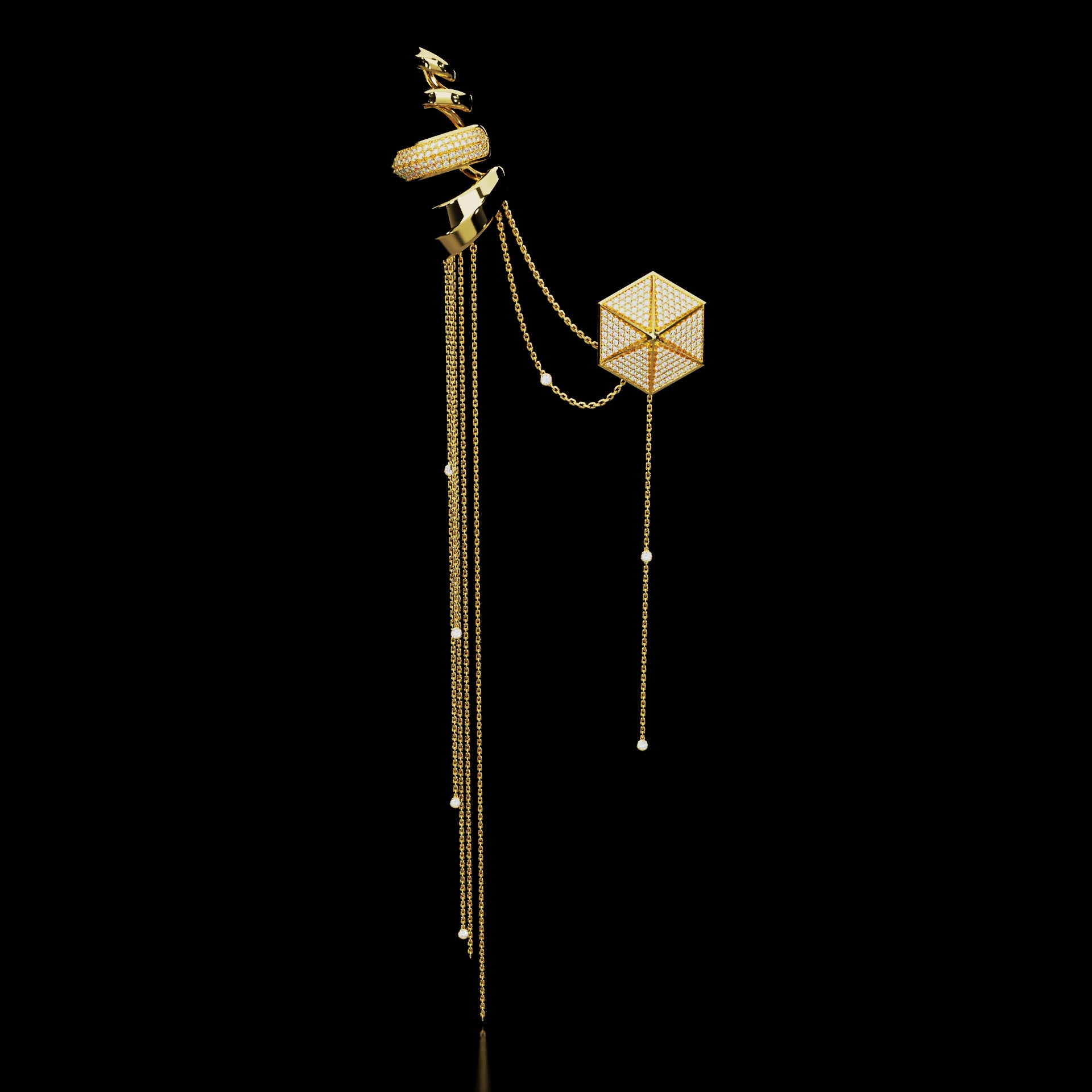 18 Karat Yellow Gold Pavé Diamond Ear Cuff with Chains – Upper Echelon Private