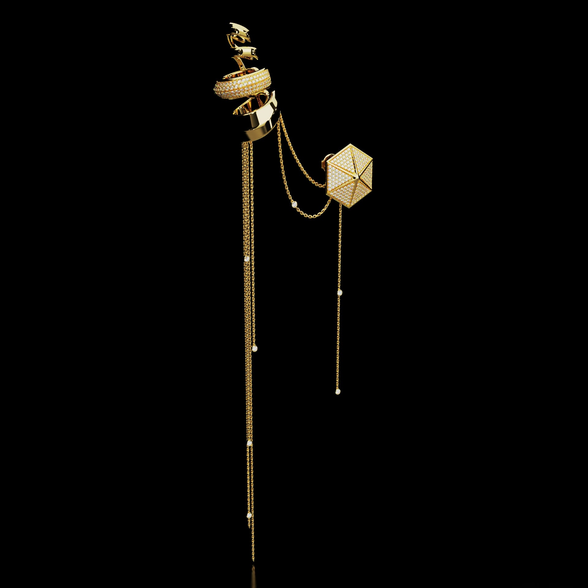 18 Karat Yellow Gold Pavé Diamond Ear Cuff with Chains – Upper Echelon Private