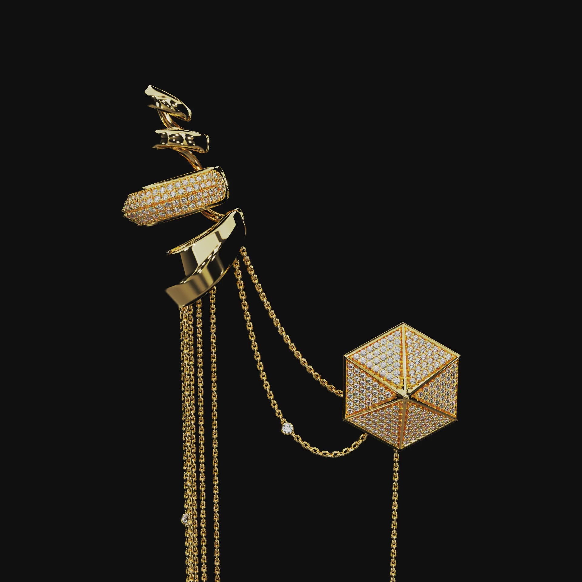 18 Karat Yellow Gold Pavé Diamond Ear Cuff with Chains – Upper Echelon Private