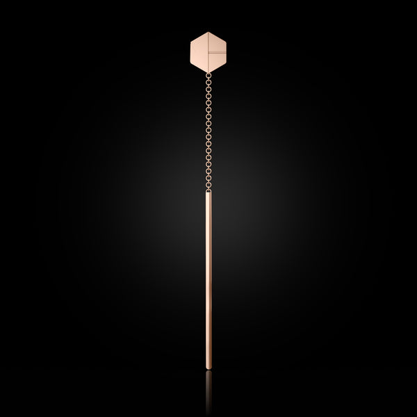 Single SEE YOU Threader in Rebel Rose Gold. Luxury 18k gold earring styled alone or stacked—ethical fine jewelry made in NYC. Sustainable gold jewelry, ethical jewelry, handcrafted artisan jewelry, fine jewelry, high-end jewelry, ethical luxury, and sustainable jewelry brands. A unique jewelry gift in rose gold for modern, conscious style.