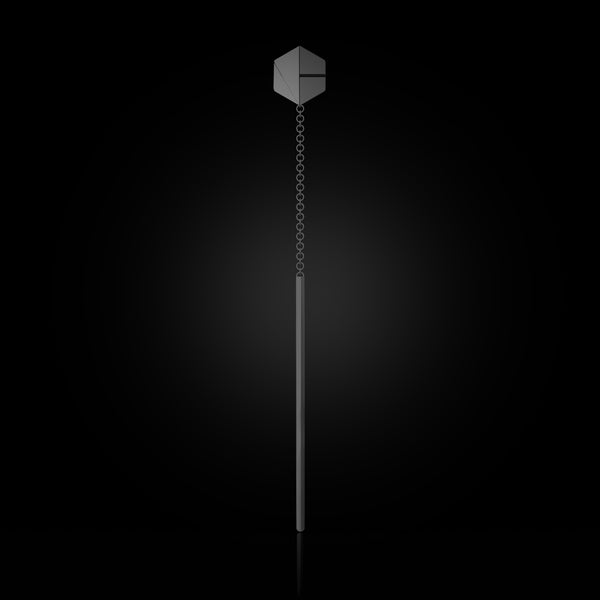 Single SEE YOU Threader in Stealth Black Gold. Bold 18k earring for asymmetric styling—handcrafted in NYC with ethical gold. Sustainable gold jewelry, ethical jewelry, handcrafted artisan jewelry, fine jewelry, high-end jewelry, and ethical luxury. A standout piece from sustainable jewelry brands and a unique jewelry gift for statement styling.
