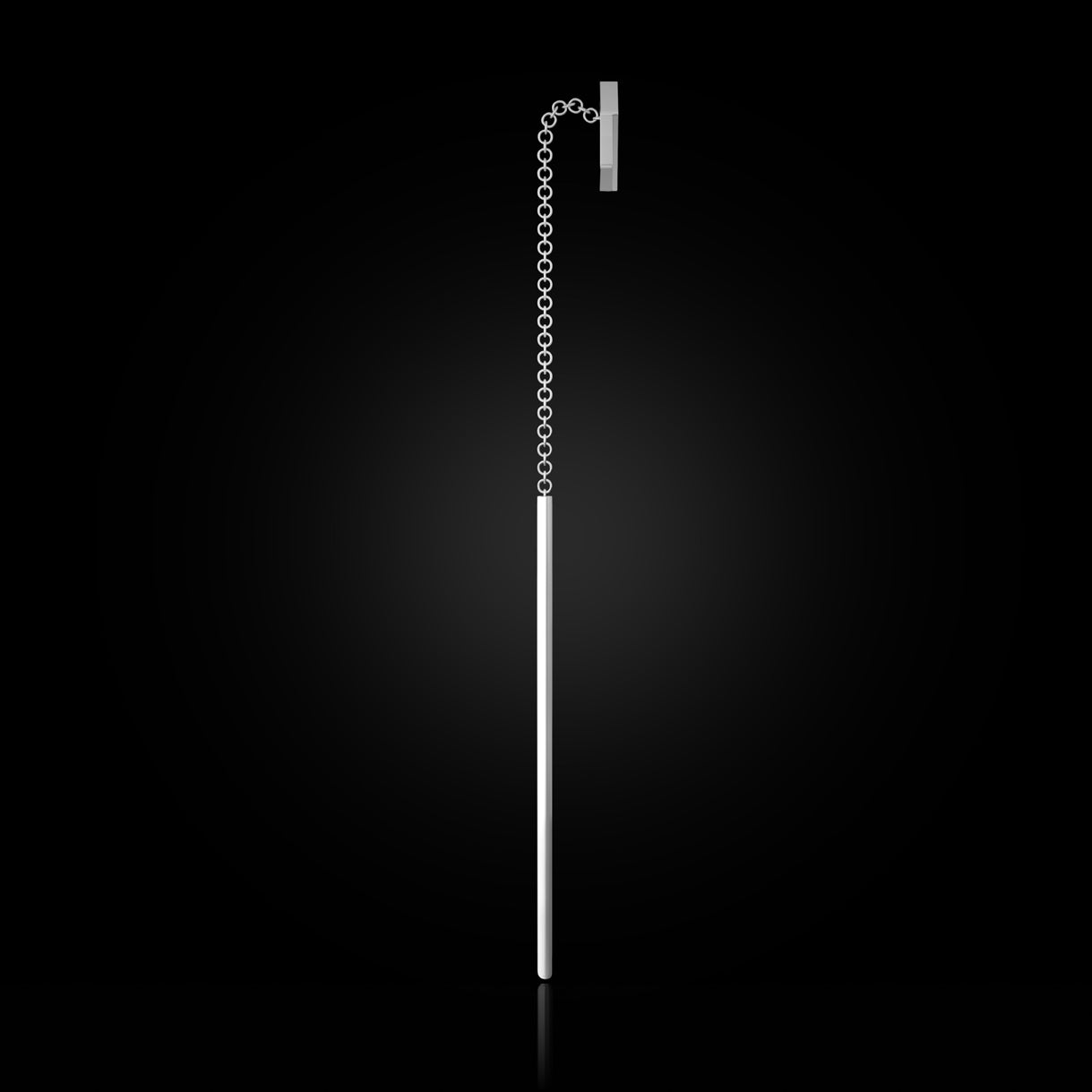 Single SEE YOU Threader Earring in Surge White Gold. Sleek 18k gold threader shown from the side. Sustainable gold jewelry, ethical jewelry, handcrafted artisan jewelry, fine jewelry, high-end jewelry, and ethical luxury. A minimalist piece from sustainable jewelry brands and a unique jewelry gift option.