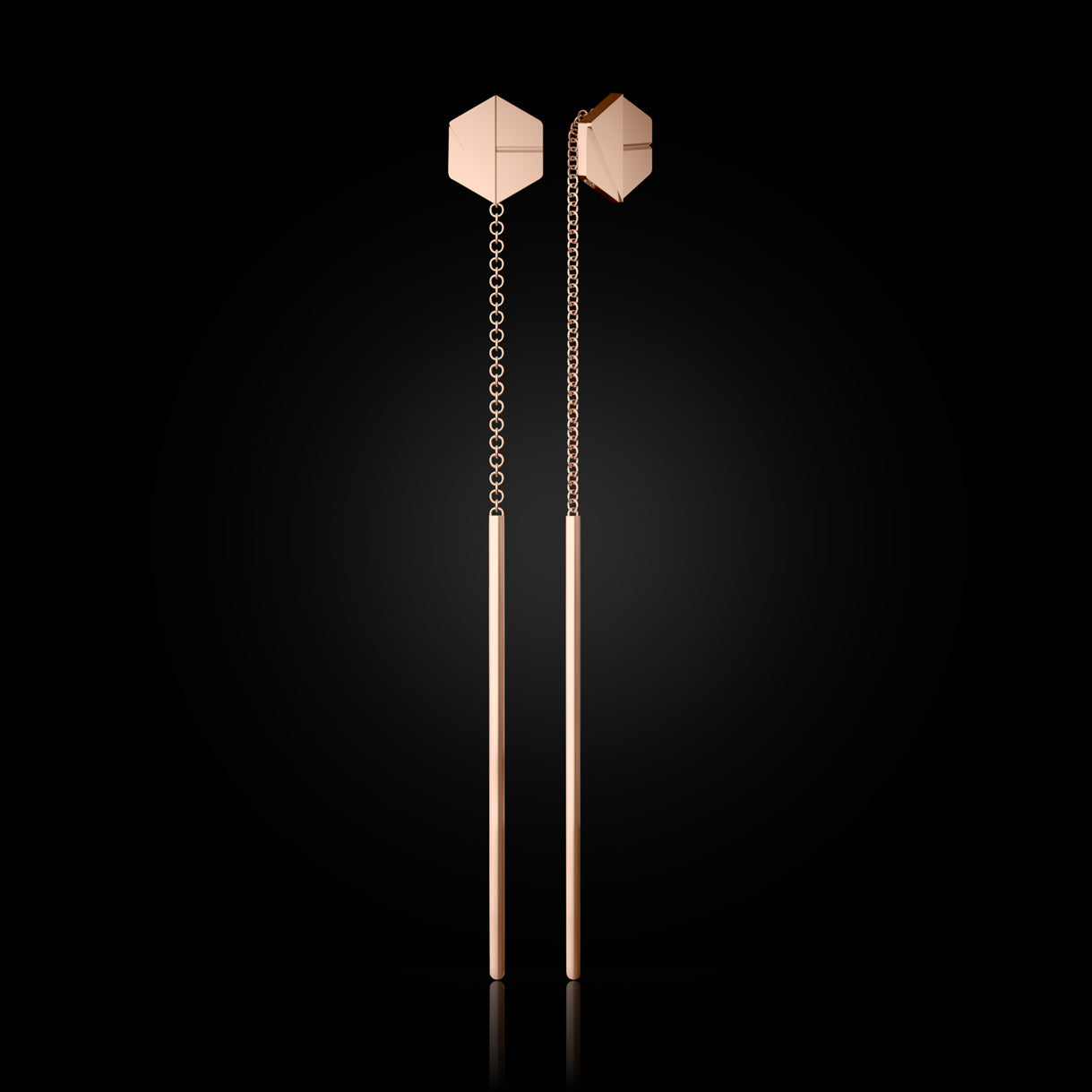 SEE YOU Threader Earrings in Rebel Rose Gold. Luxury 18k gold earrings with sleek, sculptural drop. Ethically made in NYC. Sustainable gold jewelry, ethical luxury, handcrafted artisan jewelry, and fine jewelry. A unique jewelry gift that embodies timeless elegance.