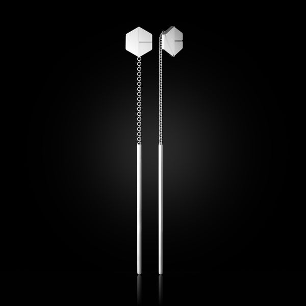 SEE YOU Threader Earrings in Surge White Gold. Modern fine jewelry in 18k gold, made-to-order with precision. Sustainable gold jewelry, ethical jewelry, handcrafted artisan jewelry, high-end jewelry, and ethical luxury. A refined piece from sustainable jewelry brands, perfect as a unique jewelry gift.